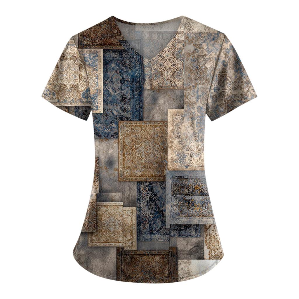 Plus Size Printed Scrub Working Uniform Tops For Women's V-Neck Print Short Sleeve Fun T-Shirts Workwear Tee With Pockets