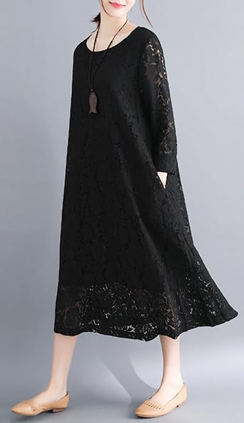 Hanmall Black Lace Long 7 Plus Loose Perfect for and Round Long Flare Fashion Dress, Sleeve, Colors, Women's, Sizes, Figure-Flattering, Casual, Fit,
