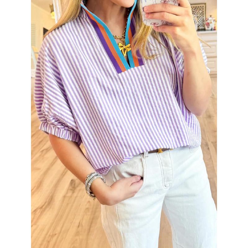 2026 Summer New Loose Casual Striped V-Neck Contrast Color Short Sleeve Women's Top