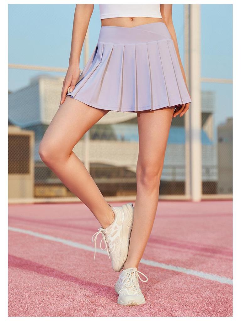 Women's Pleated Two-in-One High-Waist Yoga Skirt with Anti-Exposure Design & Back Pocket for Tennis or Badminton.
