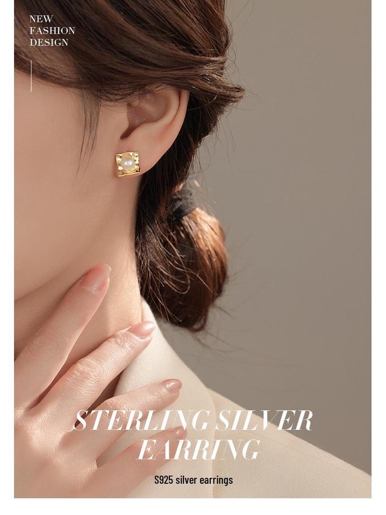 Серьги-пусеты Banyan Tree из серебра 925 пробы с геометрическим дизайном и жемчугом-ракушкой - Корейский трендовый нишевый стиль