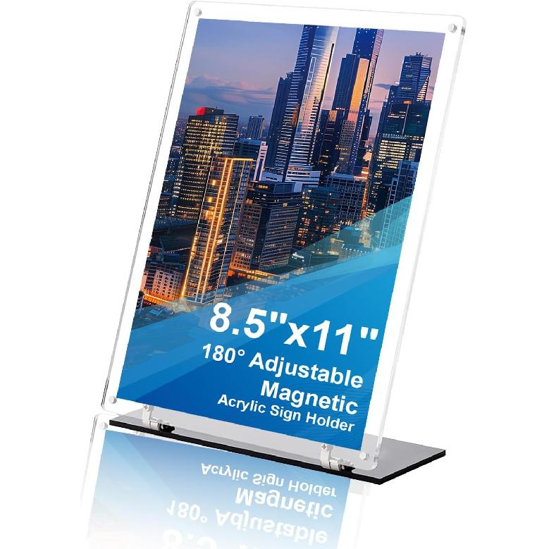 8.5"x11" Acrylic Sign Holder, 180° Adjustable Magnetic Code Sign Menu Stand, Double-Sided Clear Table Paper Display Holder For Office, Store,