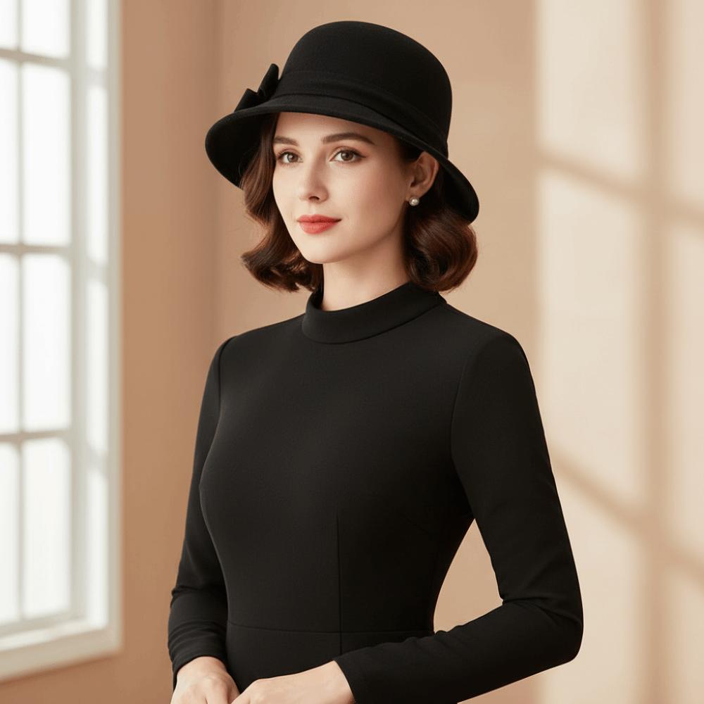 Фетровая шерстяная шляпа-ведро Бандана-шляпа с бантом Траурная шляпа Изысканная черная шляпа-топпер Женская