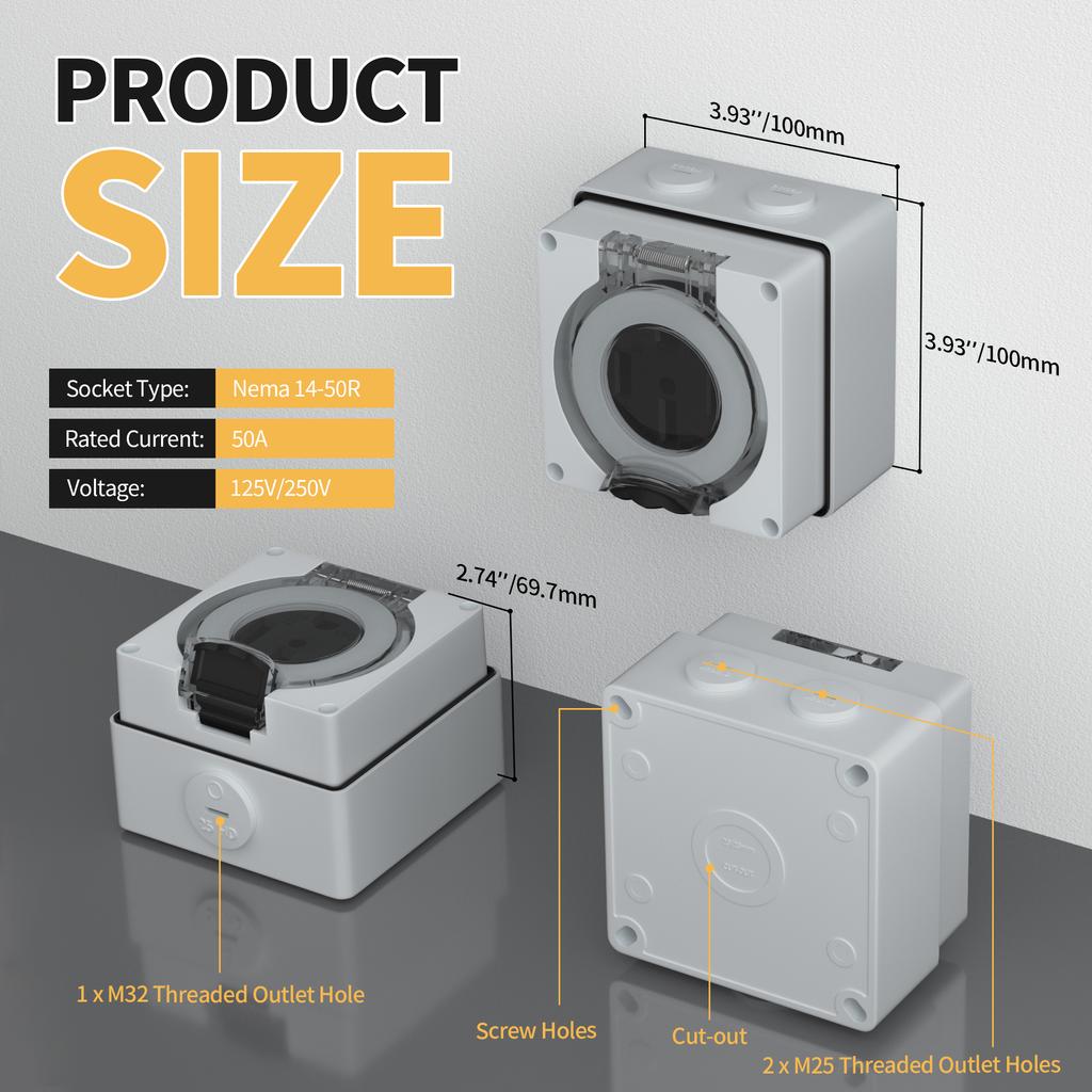 DaierTek 50 Ампер Коробка для розетки для дома на колесах 125/250В NEMA 14-50R Розетка для дома на колесах Погодозащитная Панель электрической розетки для дома на колесах, кемпера, прицепа