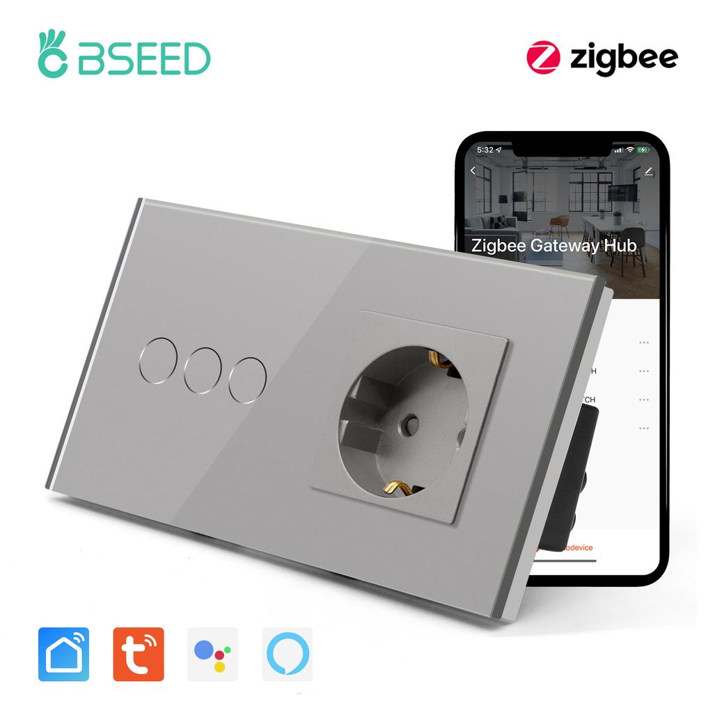 Bseed New Zigbee Single Live 1/2/3 Gang Touch Switch EU Standard With Normal Socket 4 Color Crystal Glass Panel Smart Home