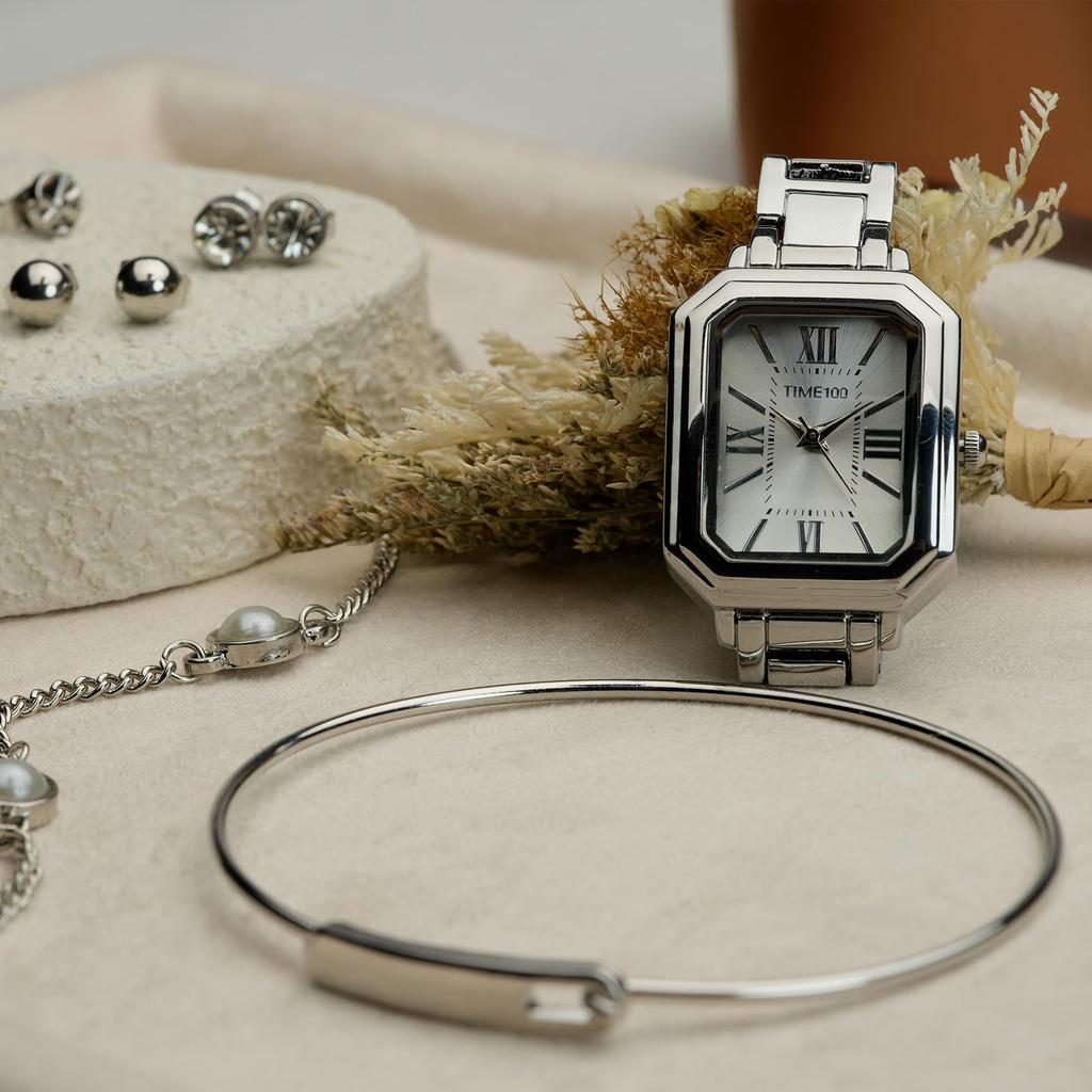 Подарочный набор Подарок Дамский браслет и серьги Подарочная упаковка [TIME100] Часы, (Серебряный)