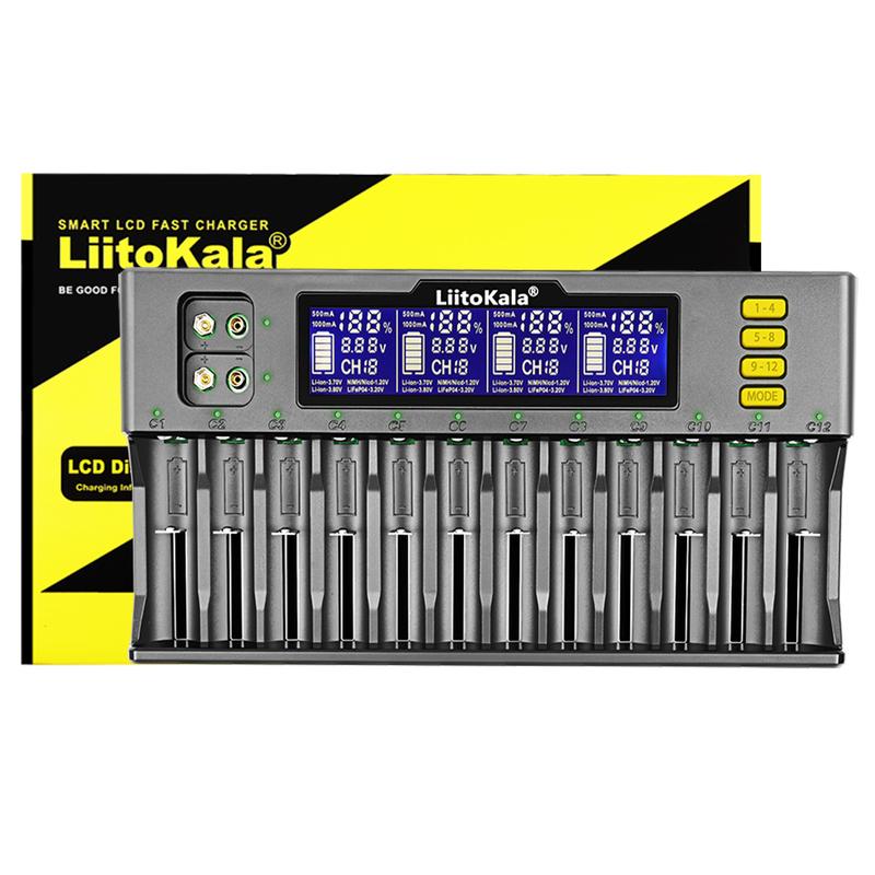 LiitoKala Lii-S12 12-слотное ЖК-зарядное устройство для аккумуляторов Li-ion LiFePO4 Ni-MH Ni-Cd 9V 21700 20700 26650 18650 16340 18350 RCR123 18700