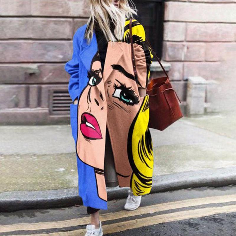 Новое женское шерстяное пальто с лацканами и принтом 2025 года — европейская и американская осенняя мода с длинными рукавами