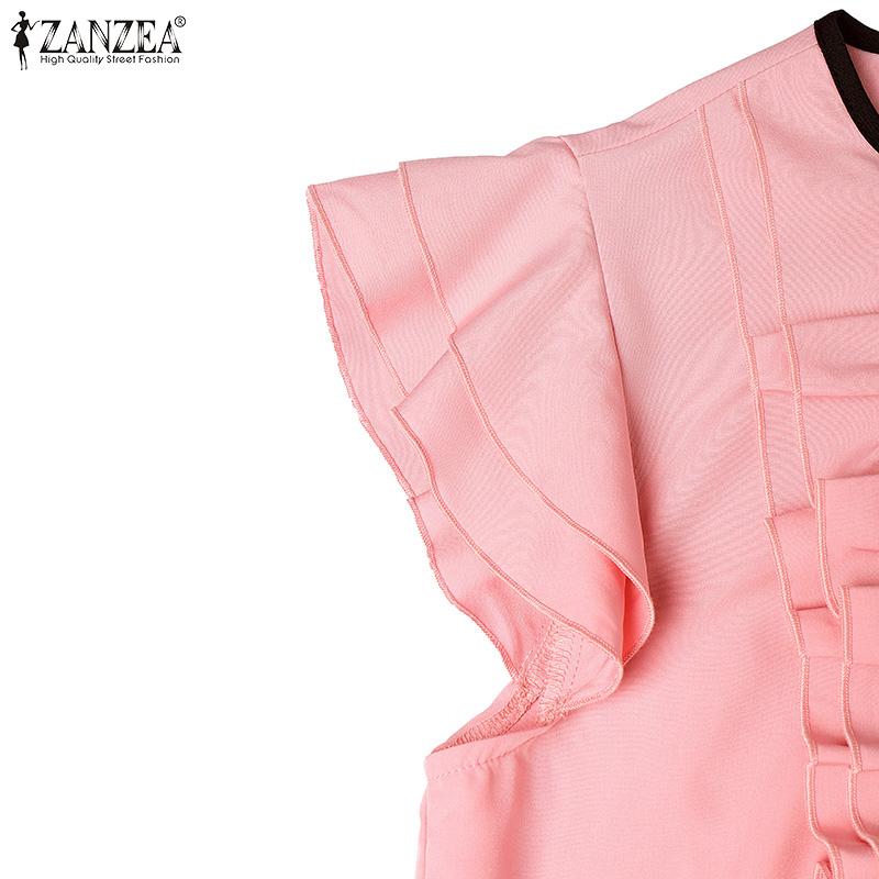 ZANZEA Женская повседневная блузка с круглым вырезом, короткими рукавами и оборками, летняя