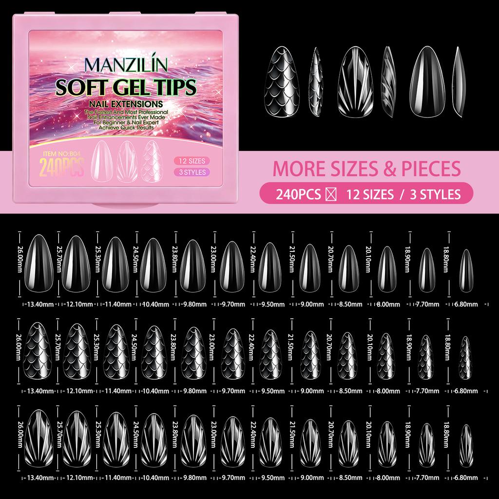 Xiaomi 240pcs Press On Nails 3Styles Mixed 3D Diamond/Fish-Scale/Shell Almond Coffin False Nail Tips Full Cover Extension Fake Nails