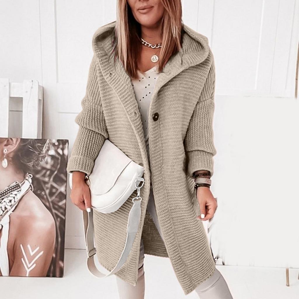 Women's Hooded Knitted Cardigan Solid Color Long Sweater Coat Thickened Winter Warm