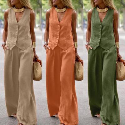 Женские комплекты из двух предметов: блузка без рукавов, майка и длинные брюки, широкие брюки, повседневные свободные костюмы больших размеров