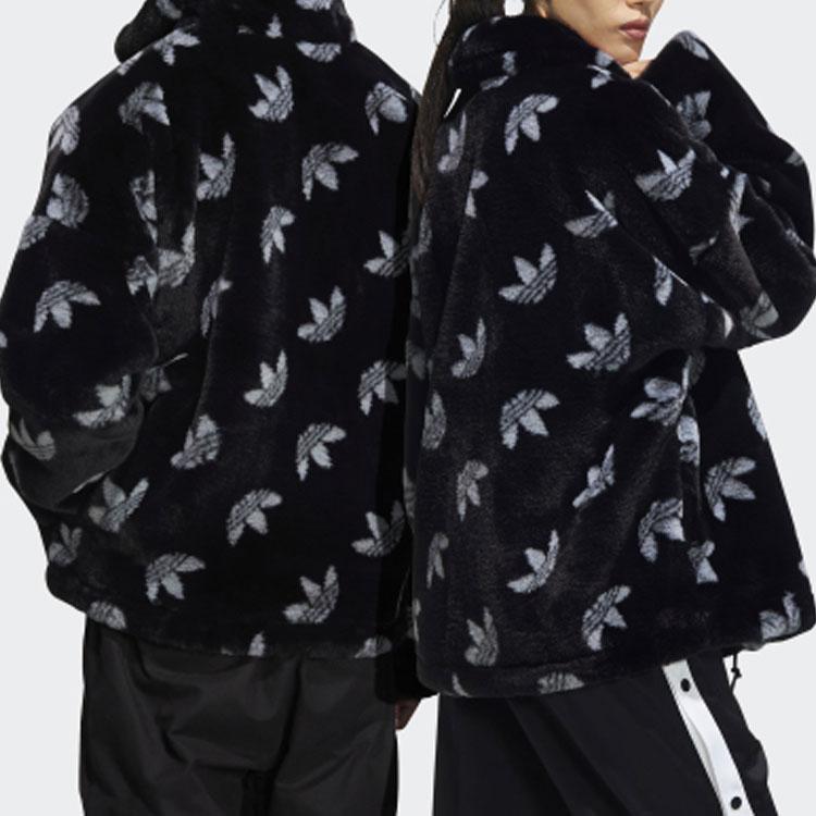 Adidas Originals Trefoil Logo Stand Collar Faux Fur Thickened Sports Jacket Unisex Jackets Black HI4656