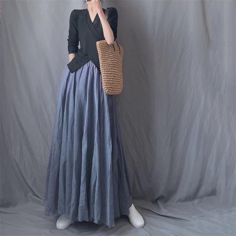 Минималистская хлопковая и льняная супердлинная струящаяся юбка, эластичная, с высокой талией, длинная юбка-сюрприз, юбка для путешествий и фотографий, женская юбка