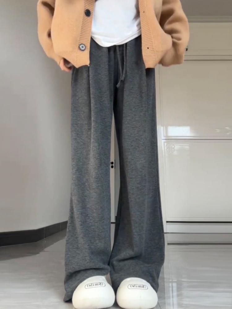 Женские темно-серые мягкие широкие брюки из клейкого риса - Весна/Осень Плюс бархат Теплые Повседневные Маленькие Длинные брюки.