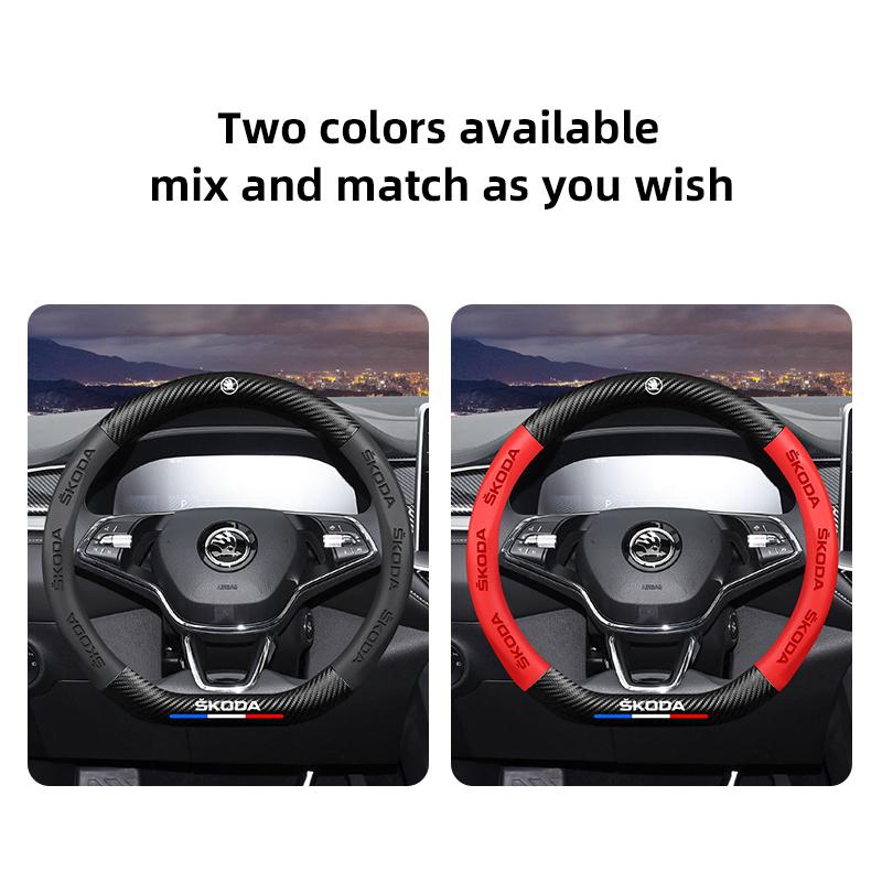 HIAQ2 Car Steering Wheel Cover Carbon Fiber Pattern Accessories For Skoda Superb Octavia Rapid Kodiaq Kamiq Fabia Enyaq iV Scala Karoq