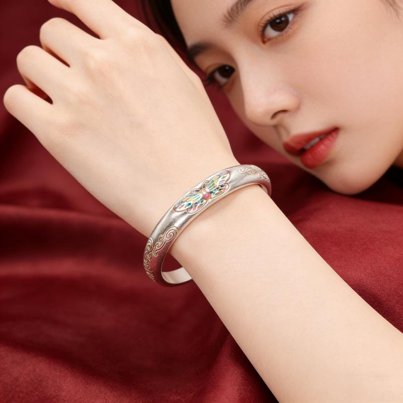 Women's Gold-Painted Enamel Butterfly Bracelet - 999 Sterling Silver Open Bangle, Chinese Style Niche Design
