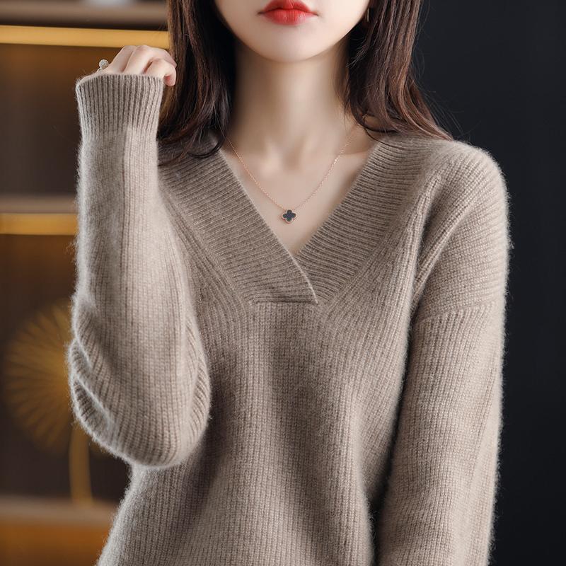 Autumn Winter Casual Elegant V-neck Women's Sweater Solid Fashion Long Sleeve Knitted Pullover Sweaters Women Warm Loose Lady Knitwears Clothing 31073