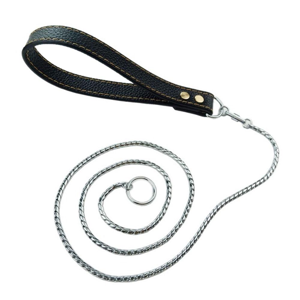 Интегрированный цепной ошейник-удавка для собак из нержавеющей стали 304, поводок для дрессировки домашних животных с кожаной ручкой
