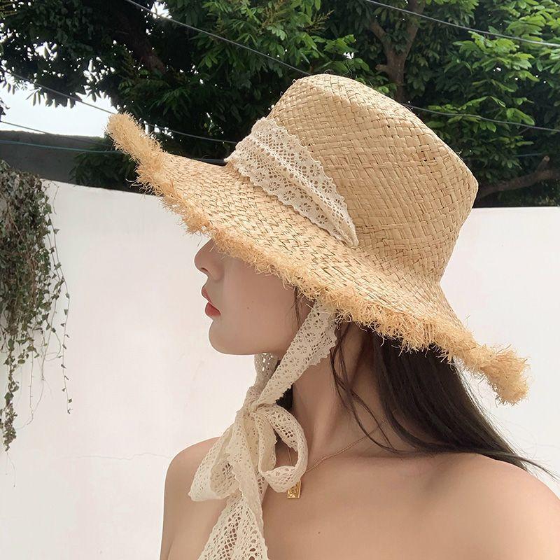 Lace Lafite woven flat top hat summer rough edge sun protection seaside beach lace sun visor