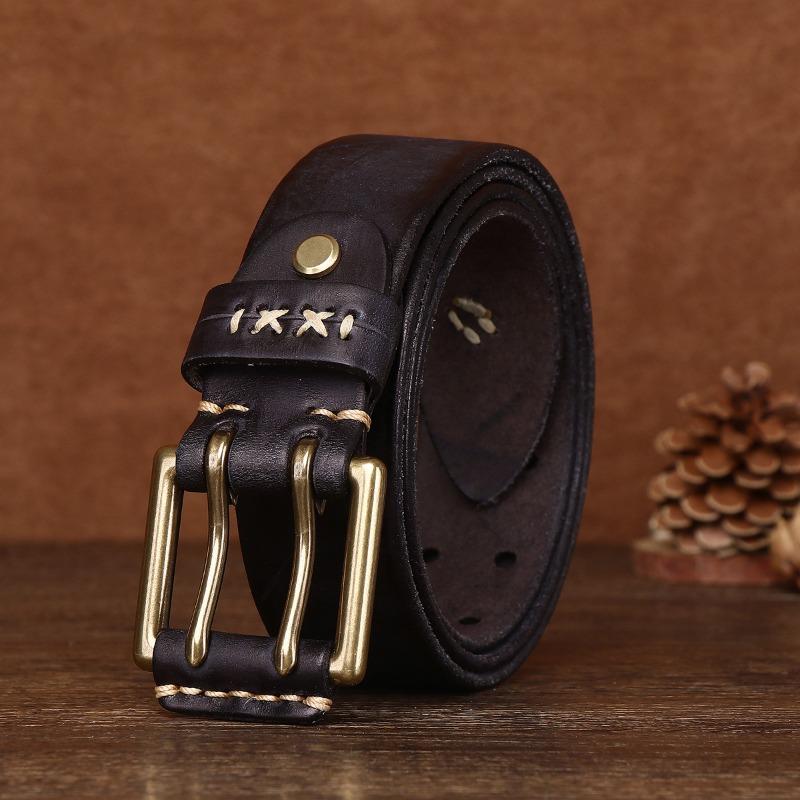Мужской ремень из натуральной кожи в стиле ретро с персонализированной медной пряжкой, ремень из коровьей кожи первого слоя