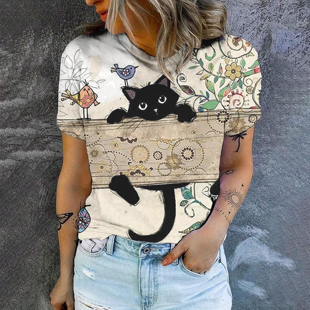 Футболка с круглым вырезом и принтом мультяшного кота, летняя, повседневная, дышащая, свободная, уличная, простая, женская футболка, топ