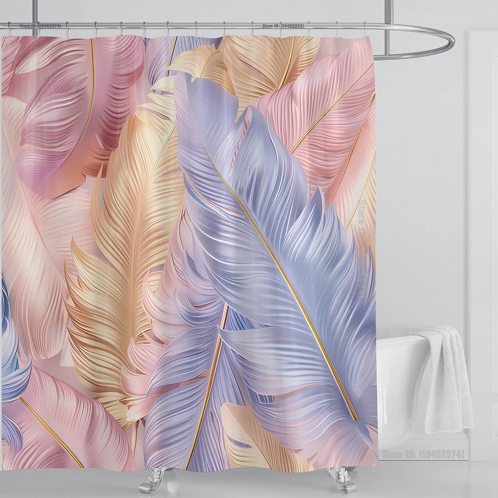 3D Feather Shower Curtain Set Colorful Printed Design Fabric Bathroom Decoration Waterproof Washable Shower Curtain with Hooks