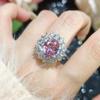 Adjustable Open Ring Women With Pink Cubic Zirconia Crystals Geometric Design Fashion Statement Jewelry