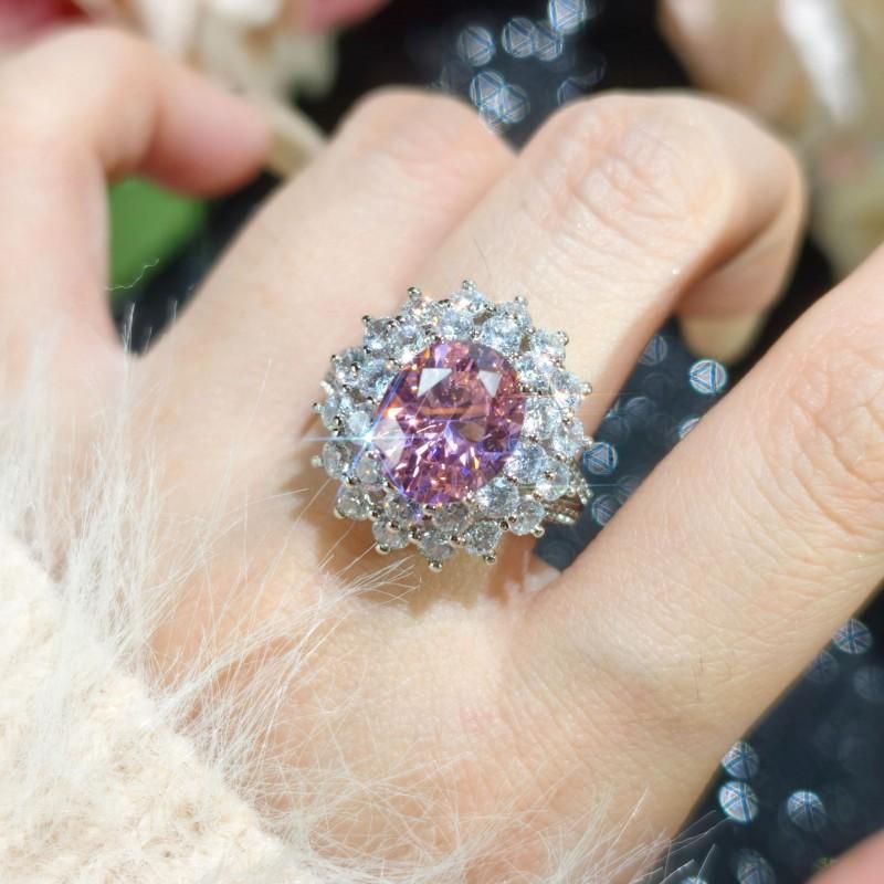 Adjustable Open Ring Women With Pink Cubic Zirconia Crystals Geometric Design Fashion Statement Jewelry