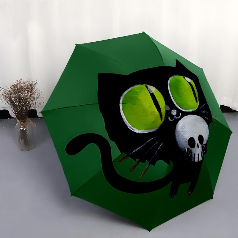 1PC Halloween Cat Spooky Kitten Automatic Windproof Umbrella 8 Rib Portable Folding Black Iron Frame for Outdoor, Beach, Travel, Beach Umbrella,S47