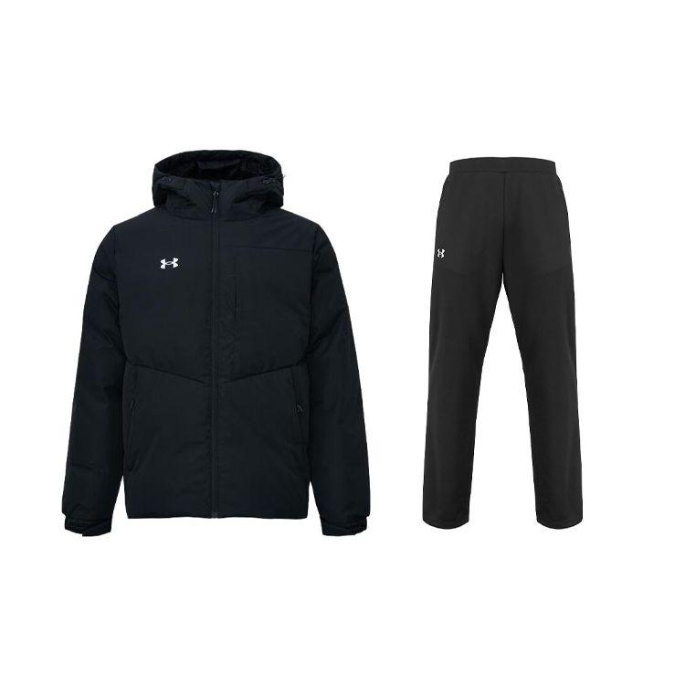 Under Armour Однотонная короткая куртка с капюшоном, толстая теплая куртка для улицы, брюки с заниженной талией, повседневный спортивный костюм, мужской костюм, черный цвет 23600801-001+21500737-001
