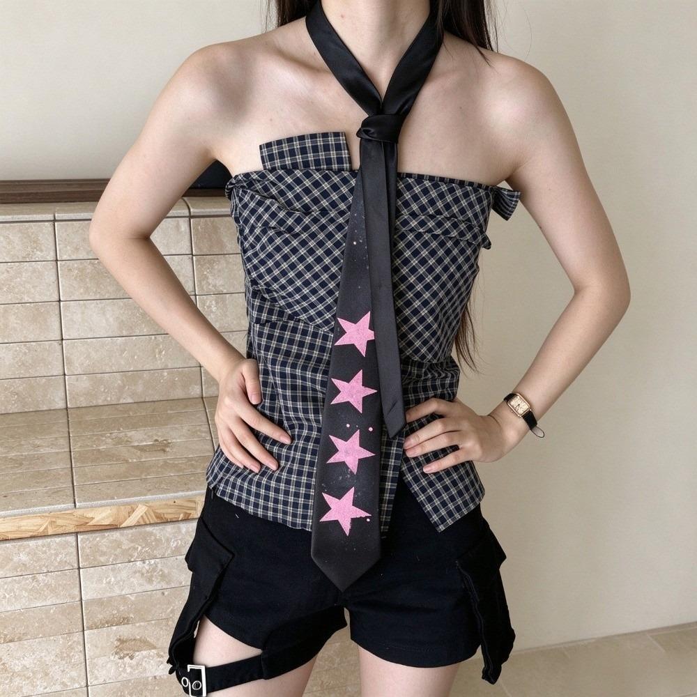 Vintage Finish Satin Necktie Y2K Style Preppy Tie Aesthetic Star Print Necktie Harajuku Fashion