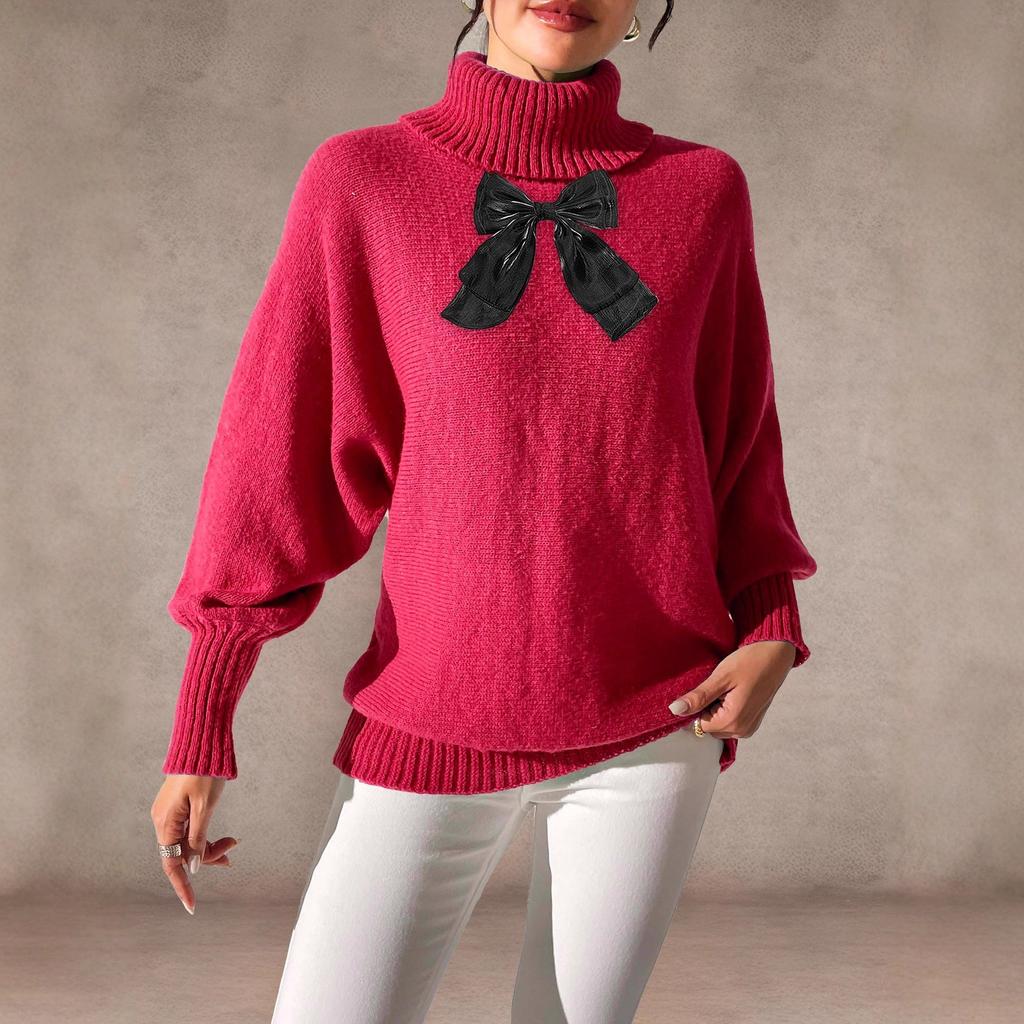 Women's Base Layer, Autumn and Winter Bat-sleeved Top, Lace Bow Patchwork High-neck Pullover Sweater