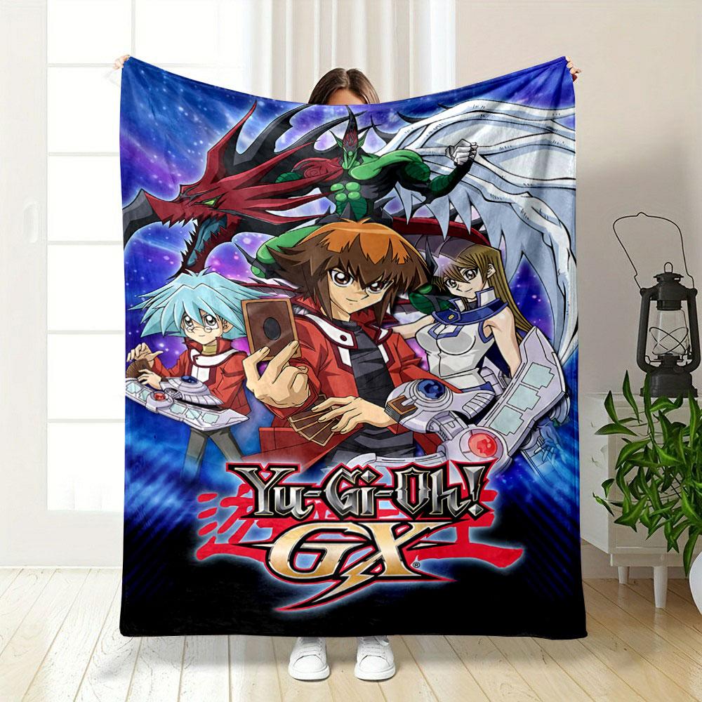 Anime characters posing with cards, duel disks, and dragon-like creatures. for all seasons blanket lunch break throw gift