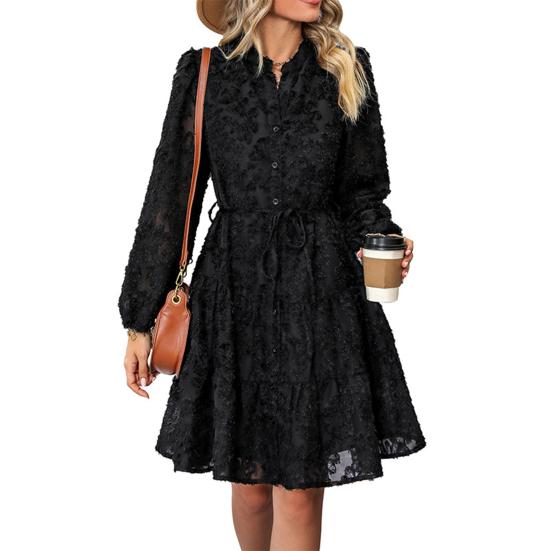 Fall Spring Women Dress Round Neck Lace Applique Long Sleeves Button-down Lace-up Strap Slim Waist A-line Big Hem Dating Party Midi Dress