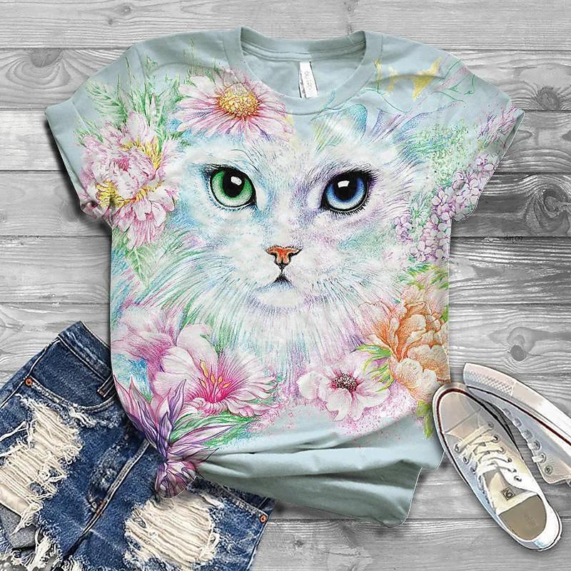 Summer Women's Fashion Short Sleeve T-shirt Cat 3D Print Hot Sale Streetwear Female Shirt O-Neck Regular Casual Blouse