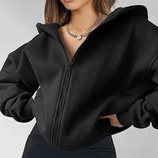 Осень-зима Женское пальто с капюшоном на молнии Однотонный толстый кардиган с карманами Свободный кардиган средней длины для активного отдыха Путешествия Шоппинг Спортивная толстовка с капюшоном