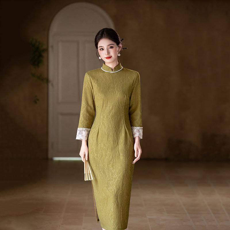 Green national style new Chinese Suzhou long-sleeved autumn cheongsam improved young 1011 new women's high-end feeling spring and autumn