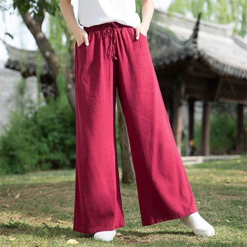 Solid Colour Wide Leg Spring New Pockets Cotton Women's Trousers Zen Wide Leg Trousers