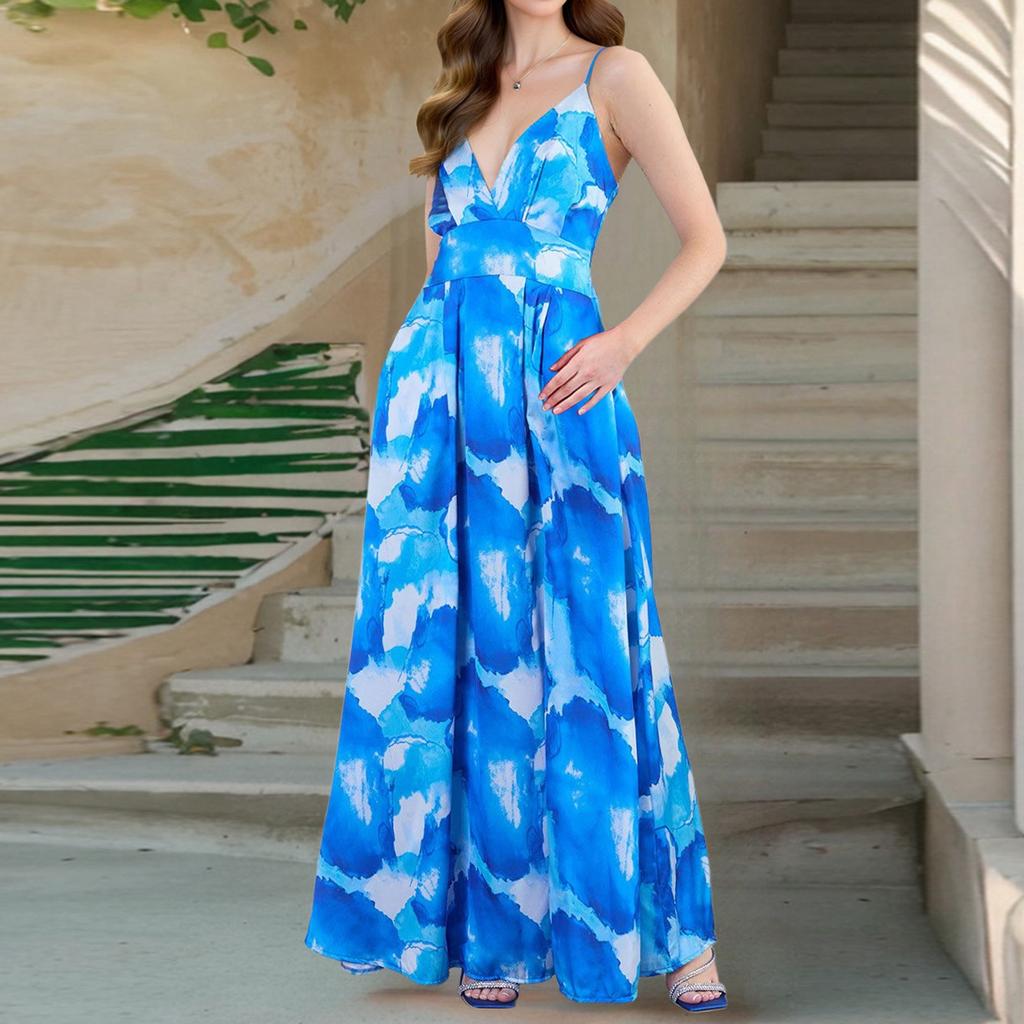 Women's Fashionable V Neck Floral Print Waist Cinched Beach Dress Bohemian Vacation Camisole Dress