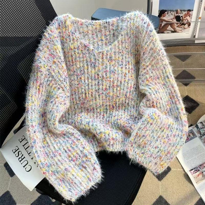 Women's High-End Colorful Polka Dot Sweater - Autumn/Winter 2024, Round Neck, Short, Thick Wool Pullover