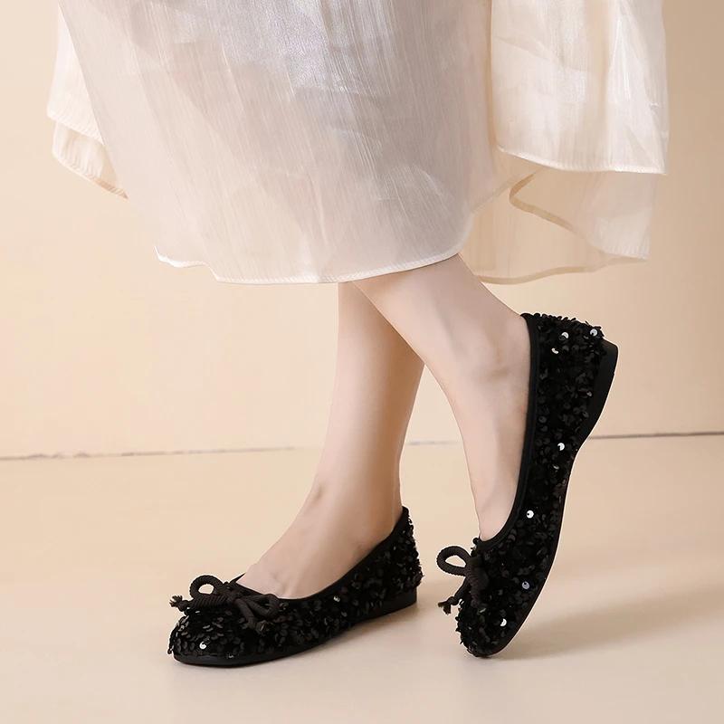2024 Модные высококачественные однотонные туфли с квадратным носком и неглубоким вырезом, с пайетками, удобные женские туфли без застежек и бантом