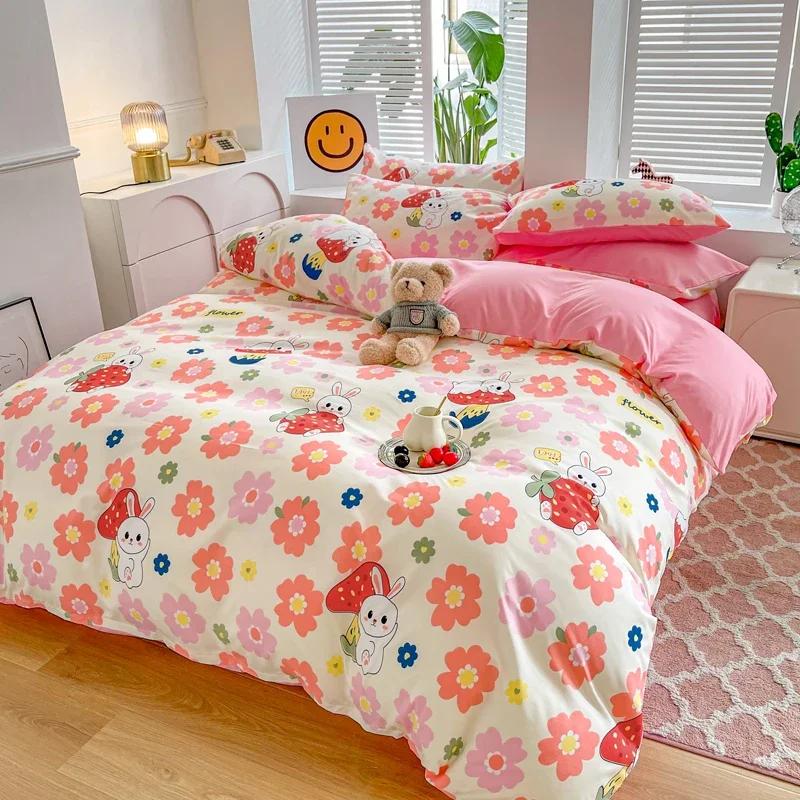 Комплект постельного белья с рисунком кролика Kawaii Bunny, ботанический цветочный принт, наволочка для одеяла, 4 шт., мягкий стираный хлопковый комплект постельного белья с рисунком из мультфильмов