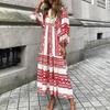 Women Floral Print Bohemian Long Dress Loose V-Neck Fashion Summer Beach Dress