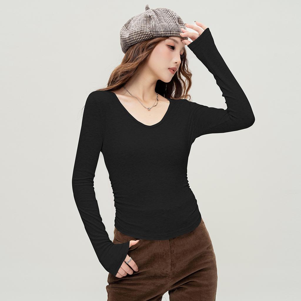 Temperament V-neck long-sleeved slim fit T-shirt with spring and autumn pleat design, short base fashion top