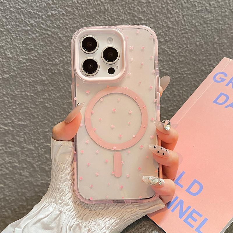 Розовые Звезды Магнитная Беспроводная Зарядка Прозрачная Мягкая ТПУ Задняя Крышка Для iPhone 13 14 15 16 17 Pro Max Совместимая С Чехлом Magsafe