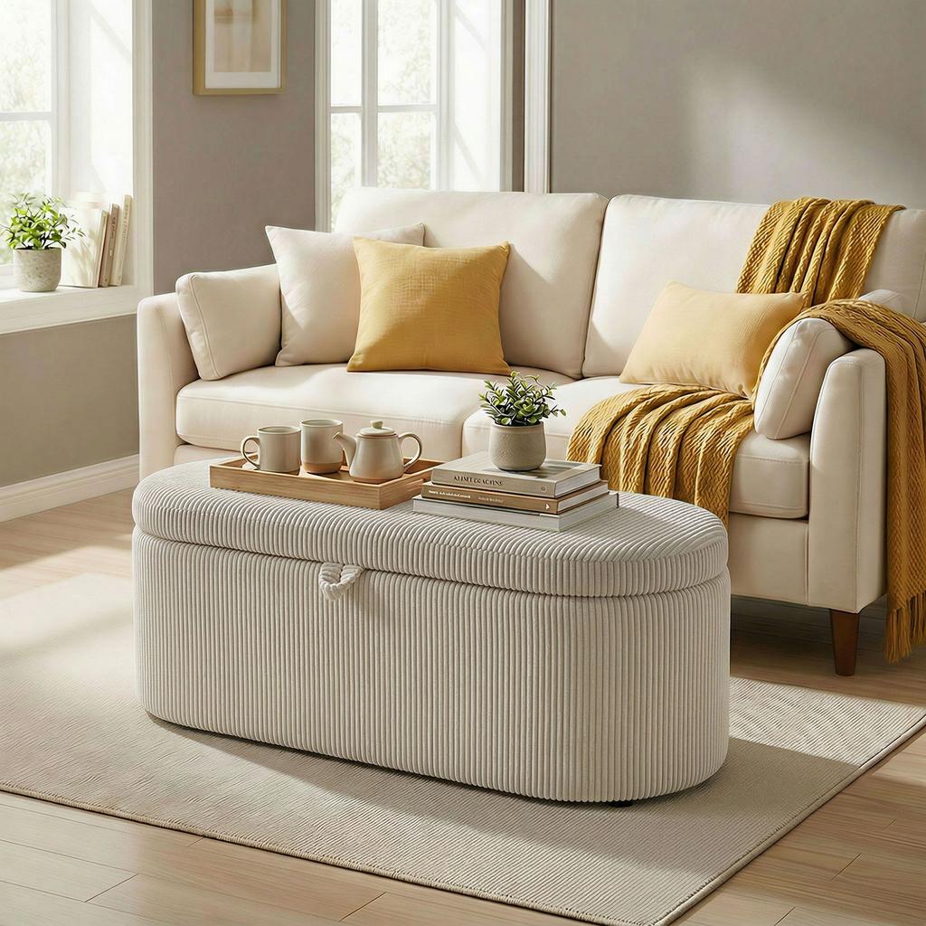 Storage Ottoman Cord Upholstery With Padded Seat Bench At Foot Of Bed 105 X 51 X 49 Cm Beige