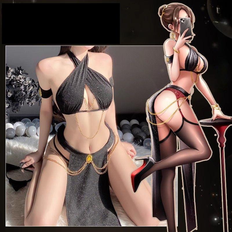 Сексуальная королева-женщина-кошка, блестящее длинное платье с высоким разрезом, стиль, униформа, стринги