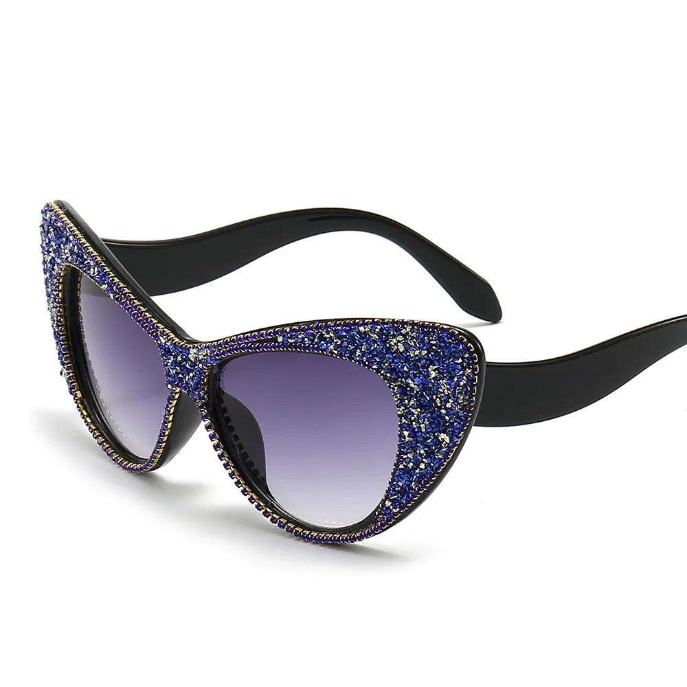 Винтажные Оверсайз Кошачий Глаз Солнцезащитные Очки Женские Роскошные Дизайнерские Панк Сексуальные Защита UV400 Алмазные Сахарные Оттенки