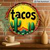 2D Flat, 1pc Round Tacos Cactus Aluminum Hanging Sign, Vintage Mexican Fiesta Desert Mountain Design, Retro Colorful Metal Wall Decor, Perfect for